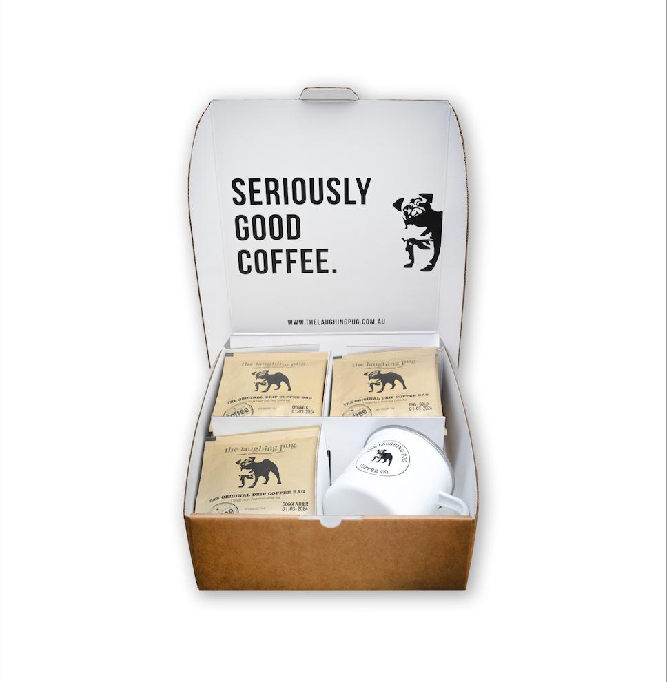 The Laughing Pug Introduction Box (Drip Coffee Bags) + Free White Enamel Mug 1