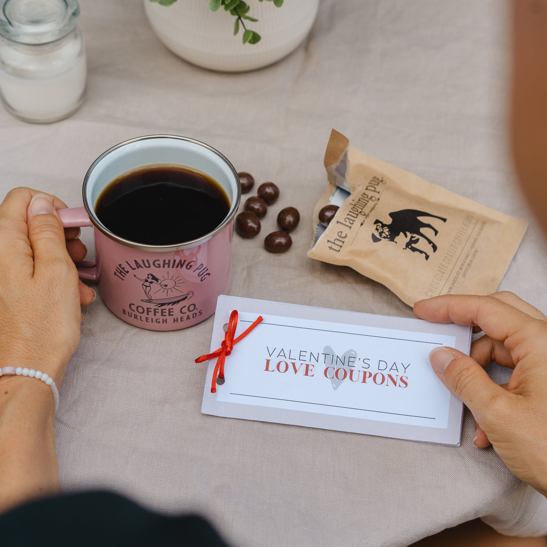 Valentines Gift Bundle – Enamel Mug, Dark Chocolate Coffee Beans & Valentine’s Day Love Coupons