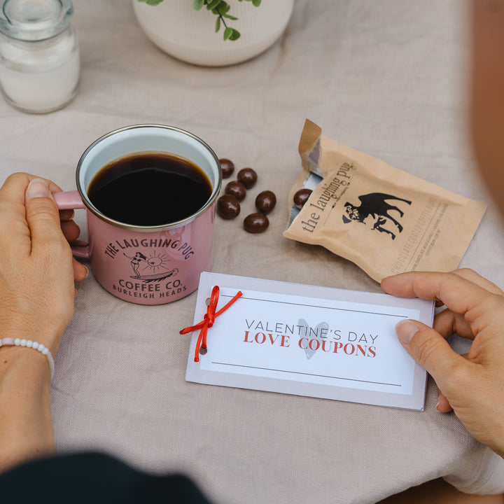 Valentines Gift Bundle – Enamel Mug, Dark Chocolate Coffee Beans & Valentine’s Day Love Coupons