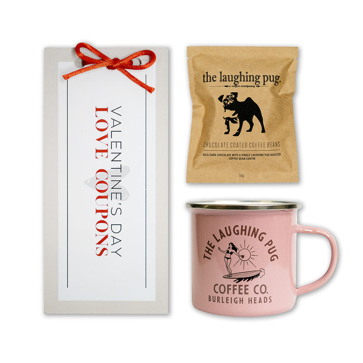 Valentines Gift Bundle – Enamel Mug, Dark Chocolate Coffee Beans & Valentine’s Day Love Coupons